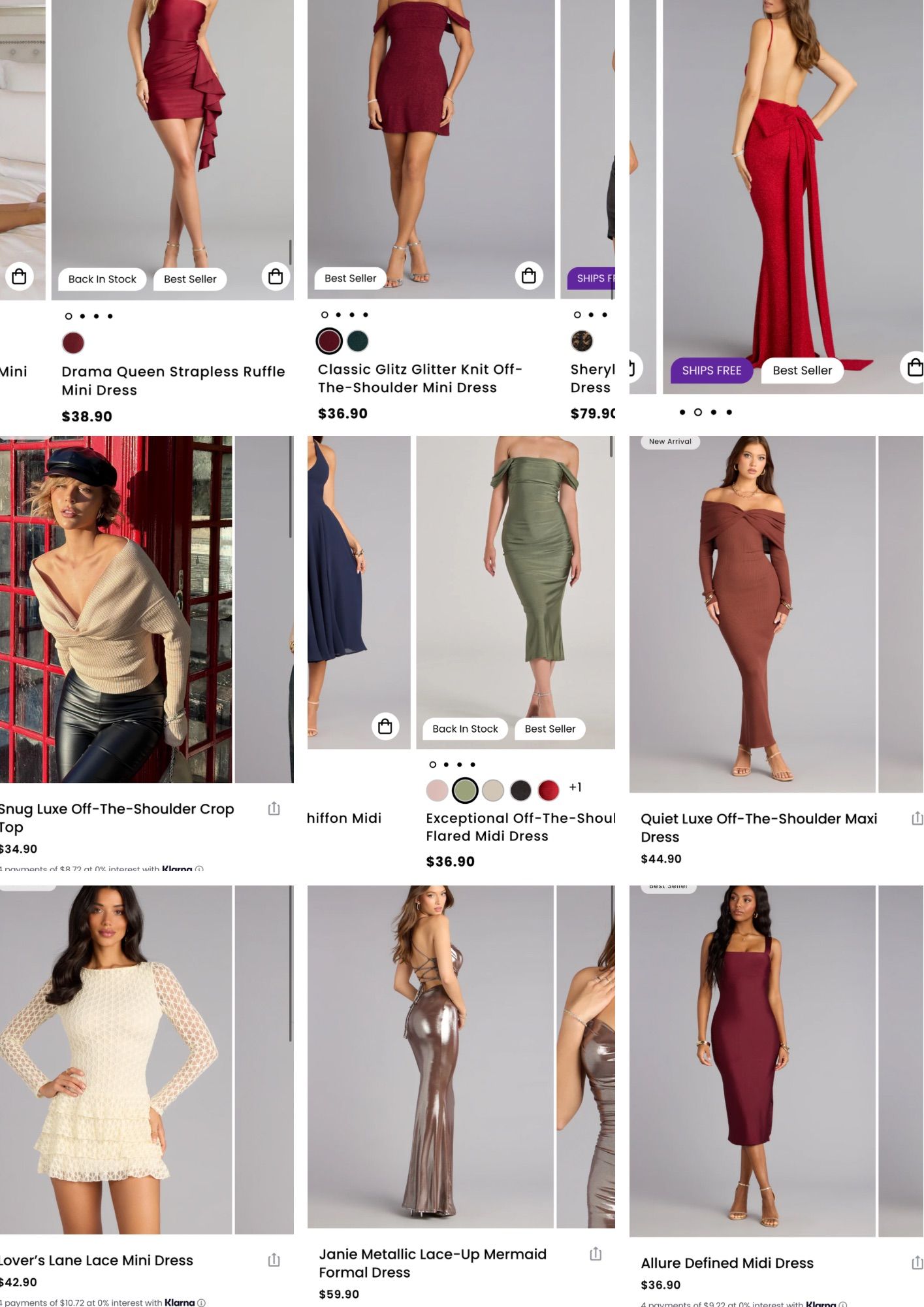 Collection of formal dresses in red, beige and olive green colors featuring off-shoulder and bodycon styles.