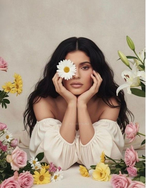 Young woman with long dark hair holds a daisy over one eye, surrounded by pink, yellow, and white flowers in soft studio light.