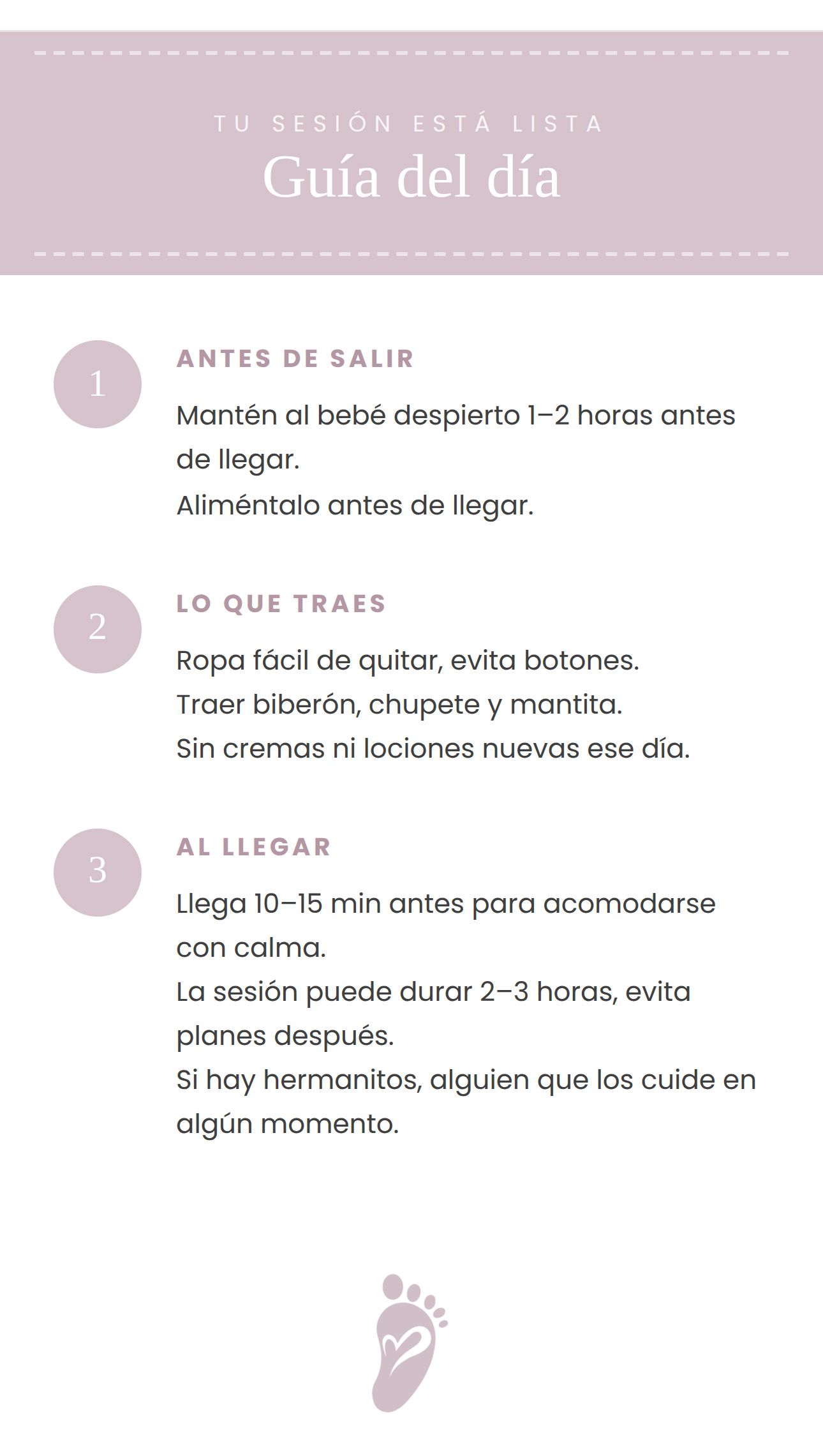 Guía del día para sesión de fotos de bebé con instrucciones en español sobre preparación, qué traer y llegada.