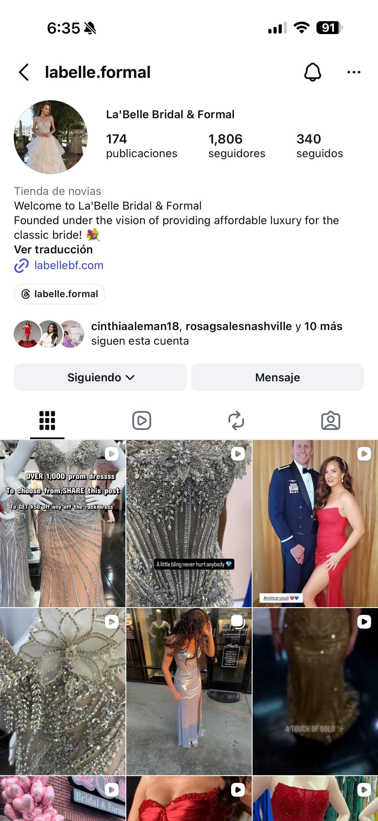 Instagram profile of La Belle Bridal & Formal shop showing elegant gowns, formal dresses, and couples in formalwear on a mobile screen.
