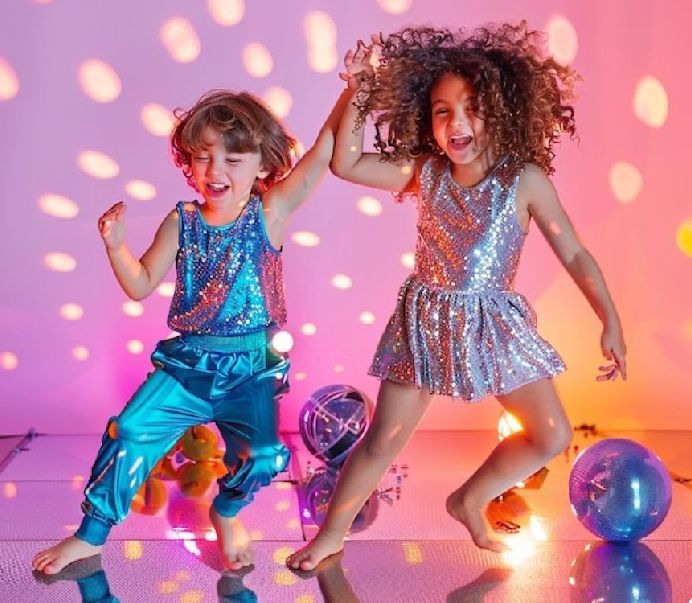 Two children dancing joyfully in sparkly outfits against a pink background with disco balls and bokeh lighting effects.