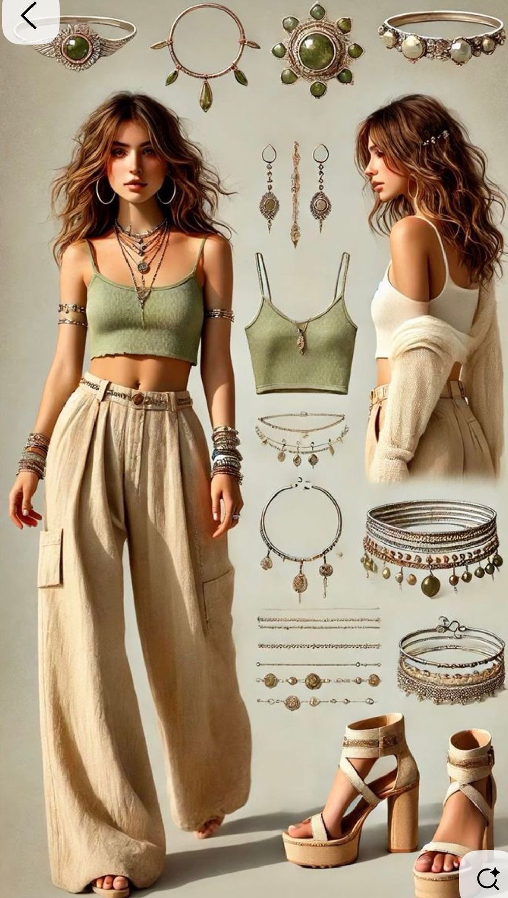 Boho fashion collage featuring sage green crop top, wide-leg linen pants, platform sandals, and layered silver jewelry accessories.