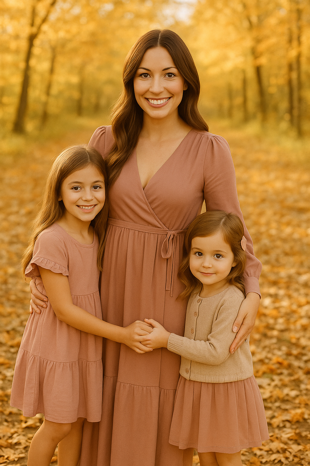 A mother and daughters wearing coordinating mauve dresses pose together in a golden autumn forest setting.