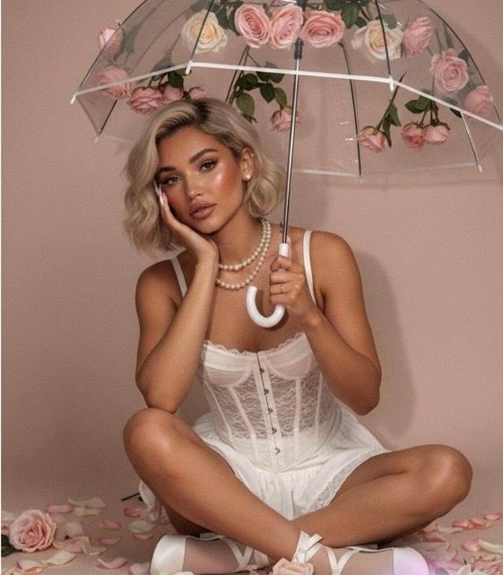 Woman in white lace corset dress holding clear umbrella with pink roses, wearing pearl necklace, seated on floor.
