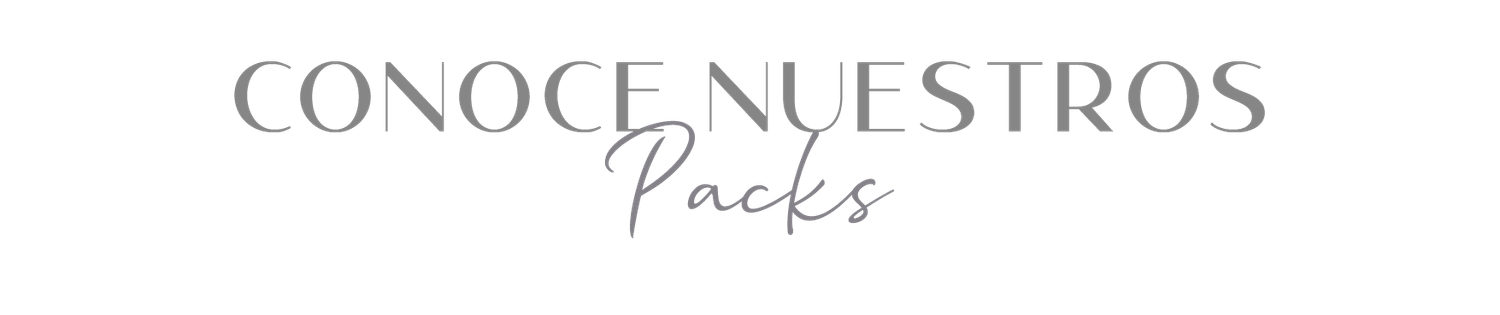 Elegant typography banner displaying 'Conoce Nuestros Packs' in soft gray serif and script fonts.