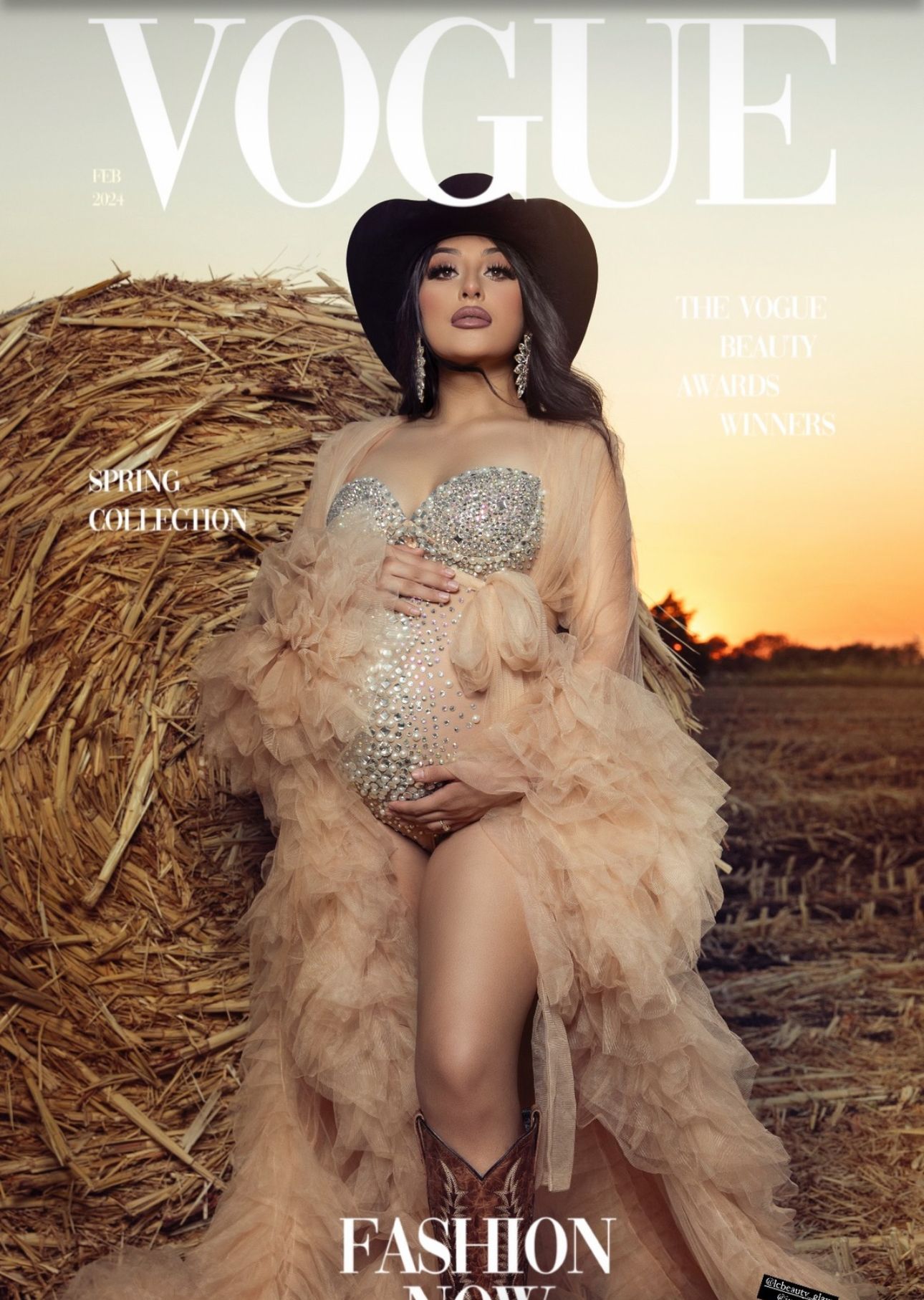 Pregnant woman in sparkly bra and tulle robe poses on Vogue magazine cover at sunset near hay bale.