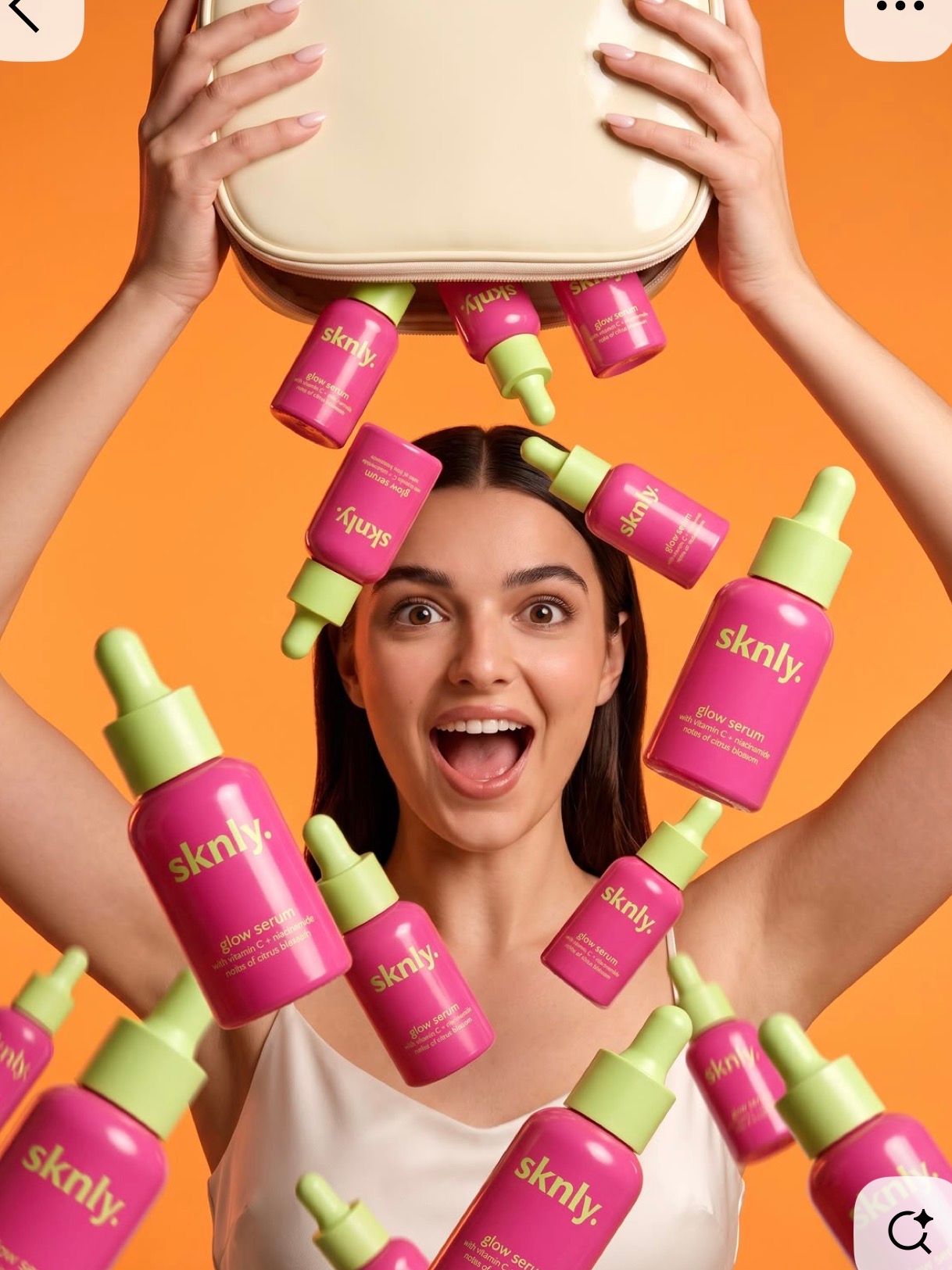 Woman surrounded by pink and green Sknly serum bottles falling from a cream bag on orange background.