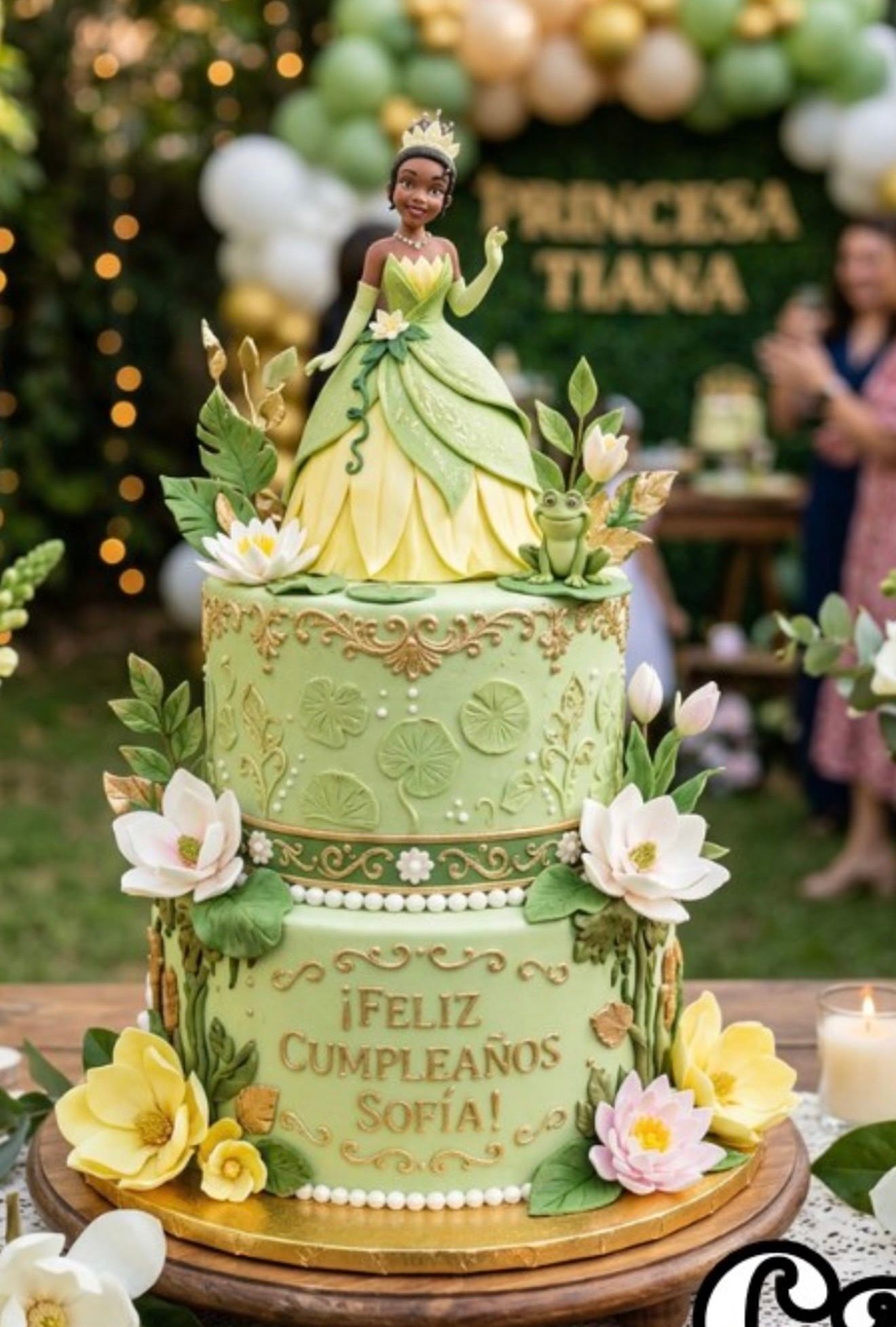 Two-tier Princess Tiana birthday cake with green fondant, sugar flowers, and Feliz Cumpleanos Sofia message.