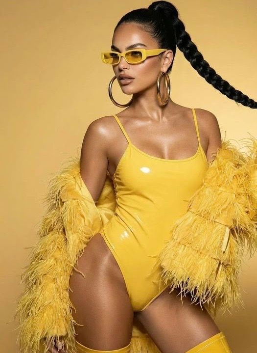 Woman in yellow latex bodysuit, feather coat, sunglasses, and hoop earrings with braided ponytail poses confidently.