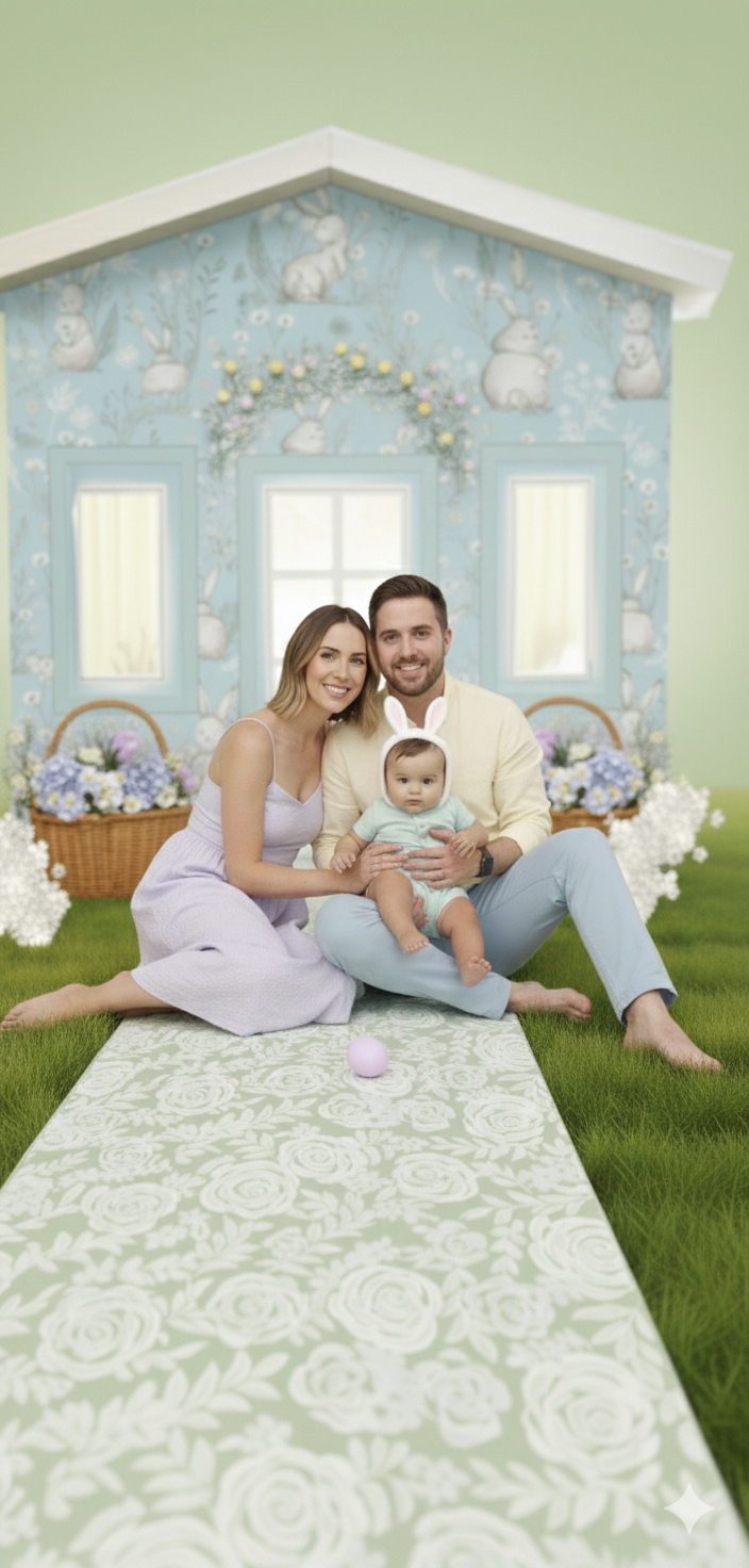 Family relaxes on white floral blanket in whimsical Easter-themed room with blue walls and spring decorations.