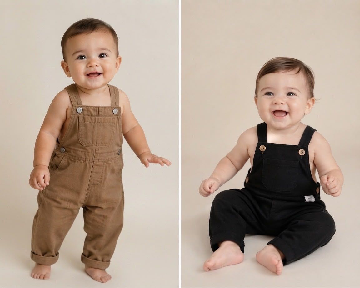 Smiling baby in brown overalls standing beside a smiling baby sitting in black overalls against a neutral background.