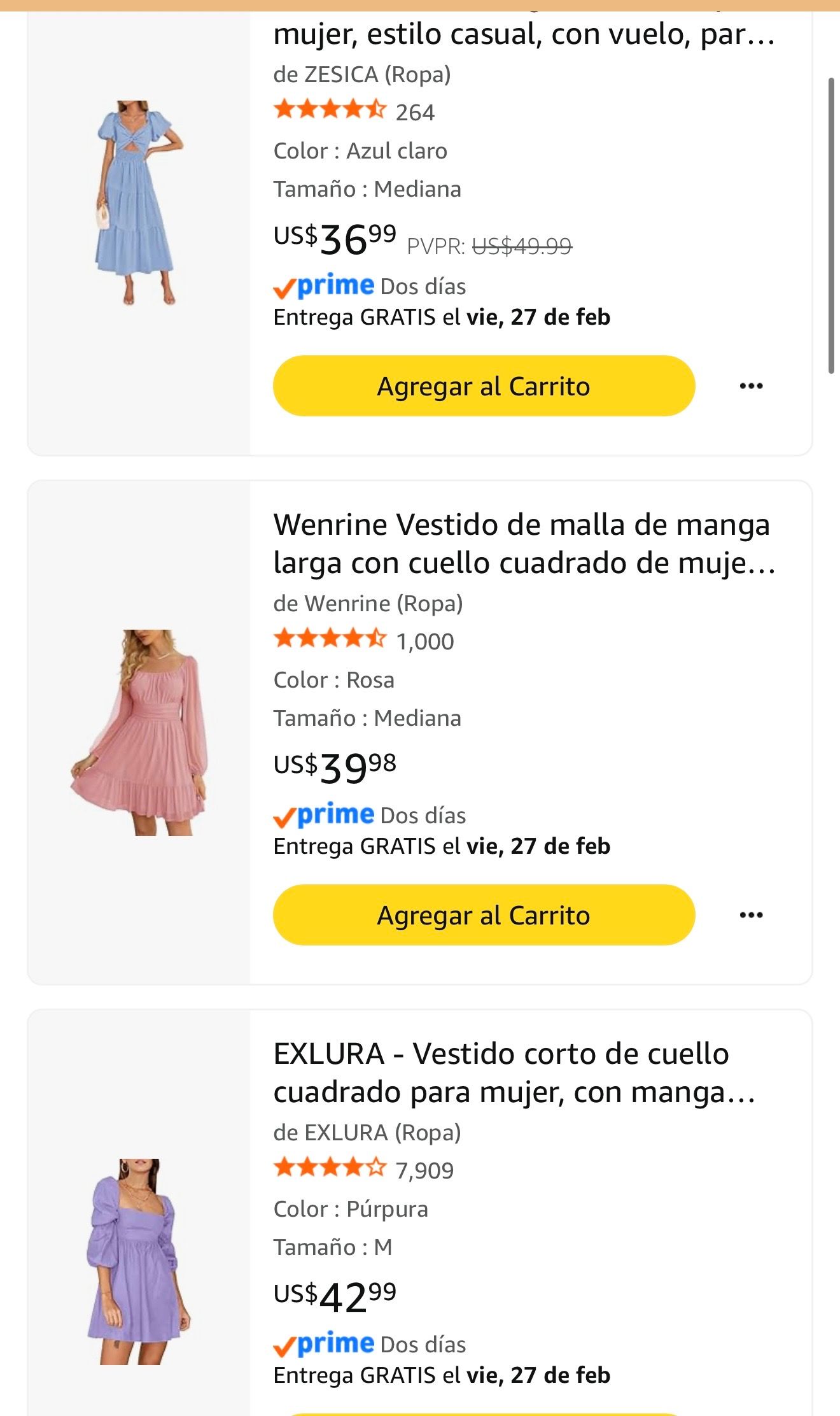 Shopping results showing women's casual dresses in purple, pink and blue colors with prices and ratings on an e-commerce site.