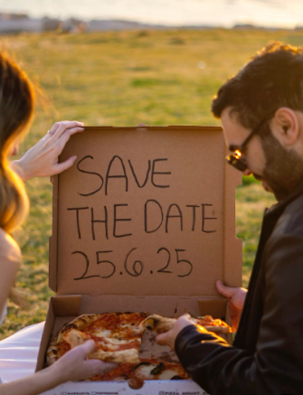 A creative save the date announcement written on a pizza box lid being held outdoors during golden hour.