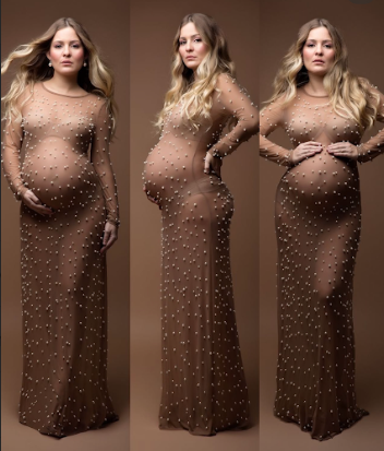 Brown sequined cocktail dress shown from multiple angles with long sleeves and mini length design.