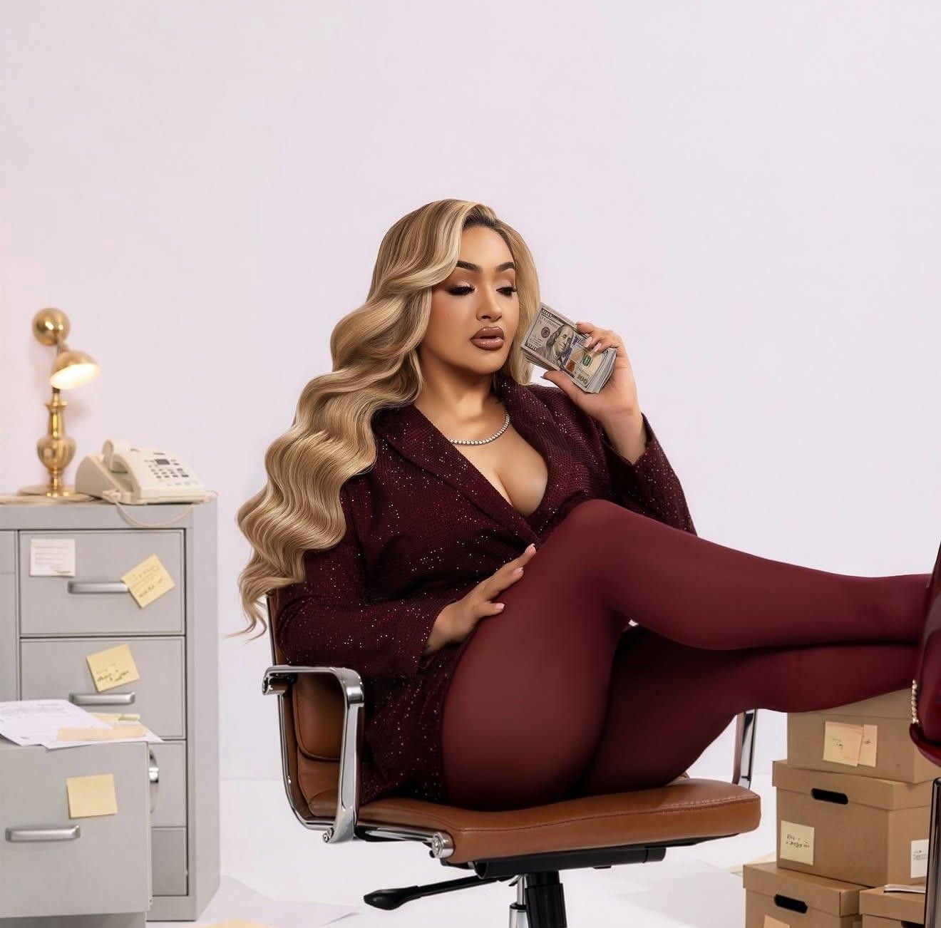 Woman in burgundy outfit sitting in office chair holding cash, with long blonde wavy hair and glamorous makeup.
