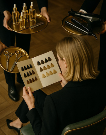 Overhead view of hair color swatches and product samples displayed on a dark wooden surface.