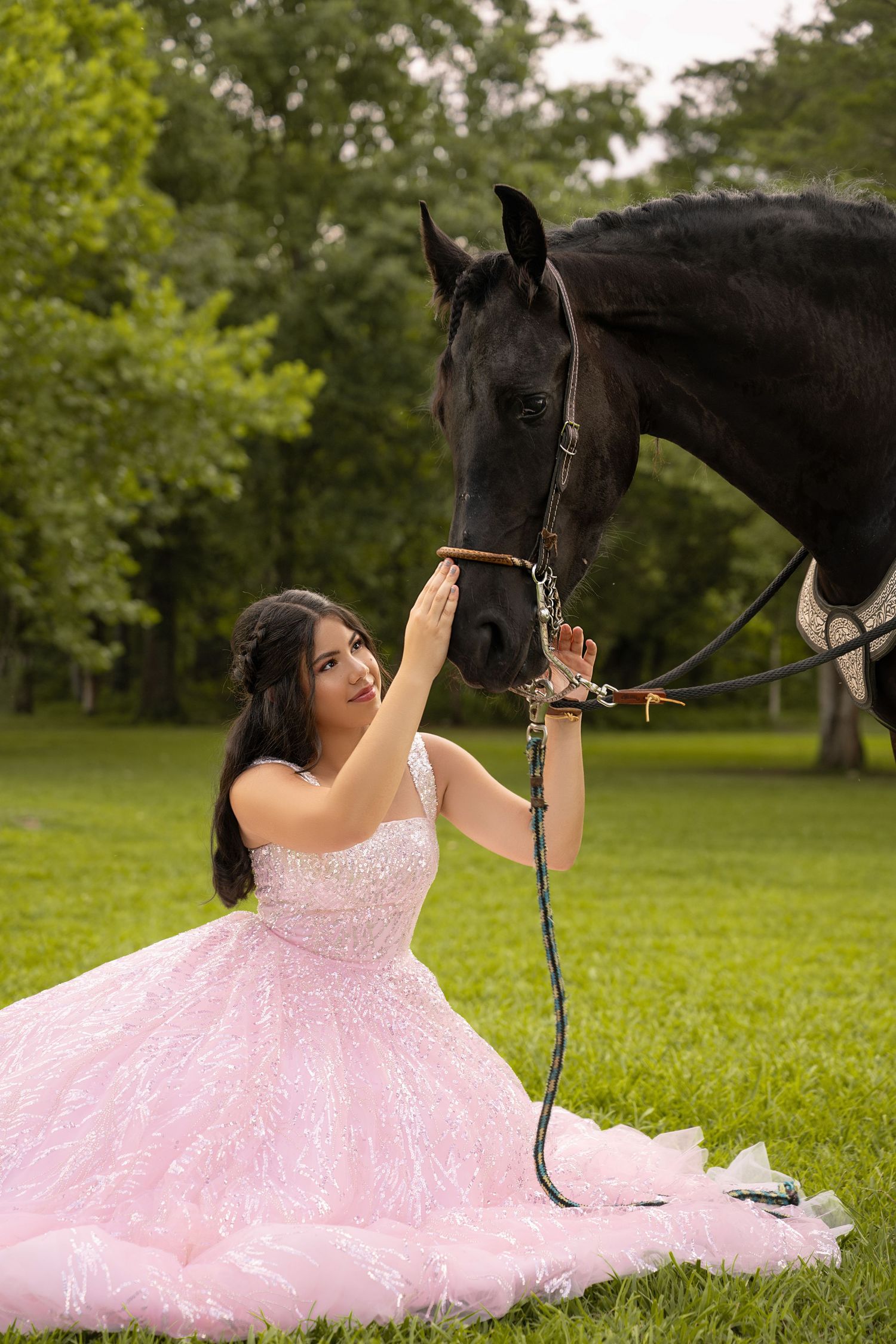 Young woman in pink ball gown sitting on grass, gently petting a dark horse outdoors in a lush green park.
