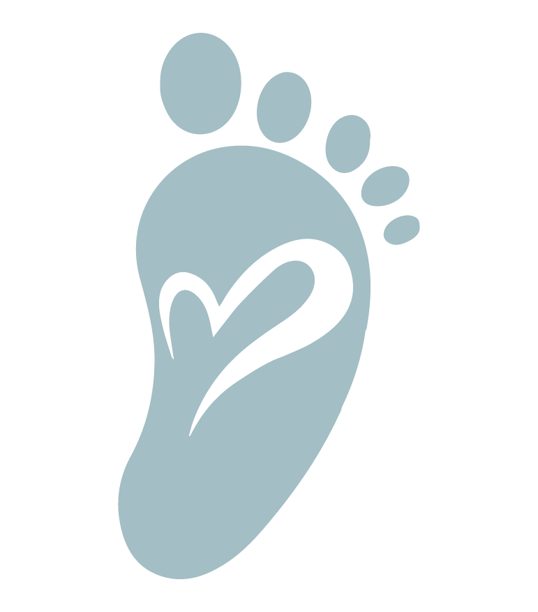 Light blue baby footprint logo with a white heart design, symbolizing love and new beginnings.