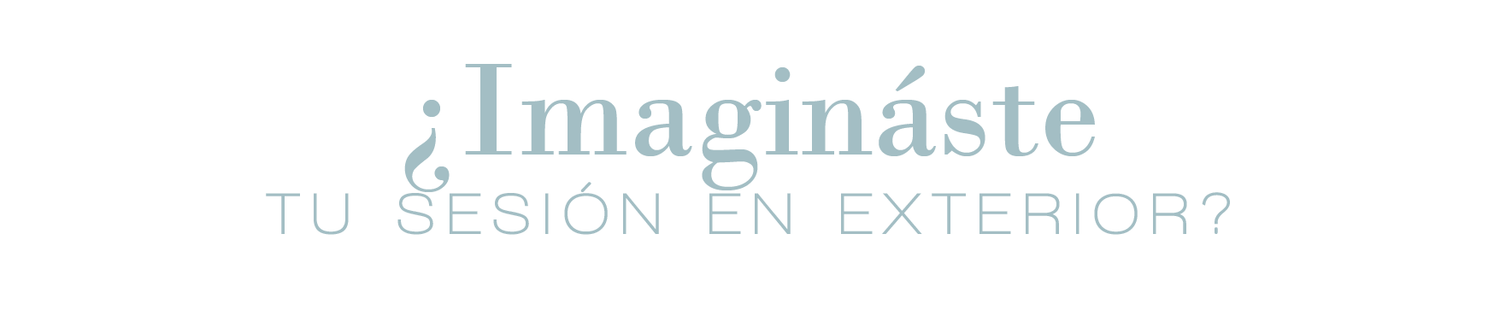 Elegant typography asking '¿Imaginaste tu sesión en exterior?' in soft blue-gray tones on white background.