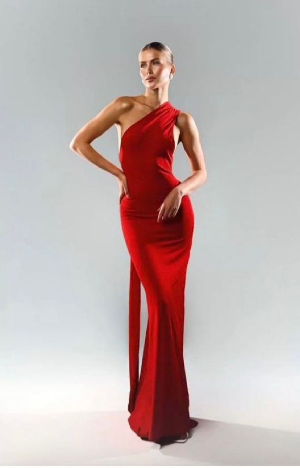 Elegant woman in a red one-shoulder floor-length gown posing against a light gray background.