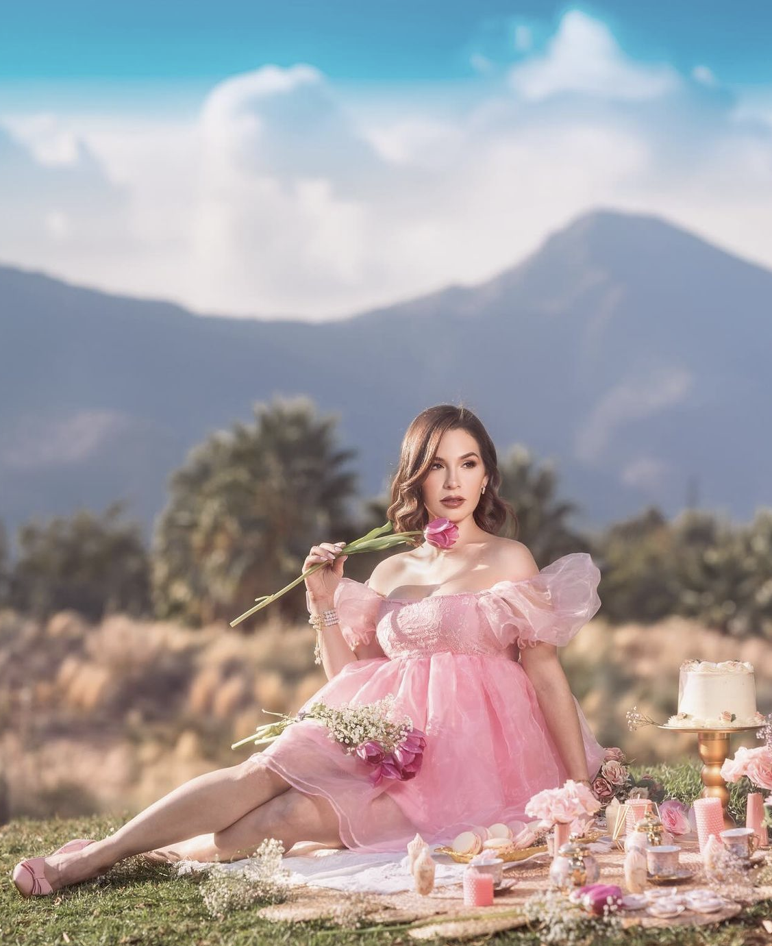 Woman in pink tulle dress sitting in field with flowers, cake, mountains and blue sky backdrop.
