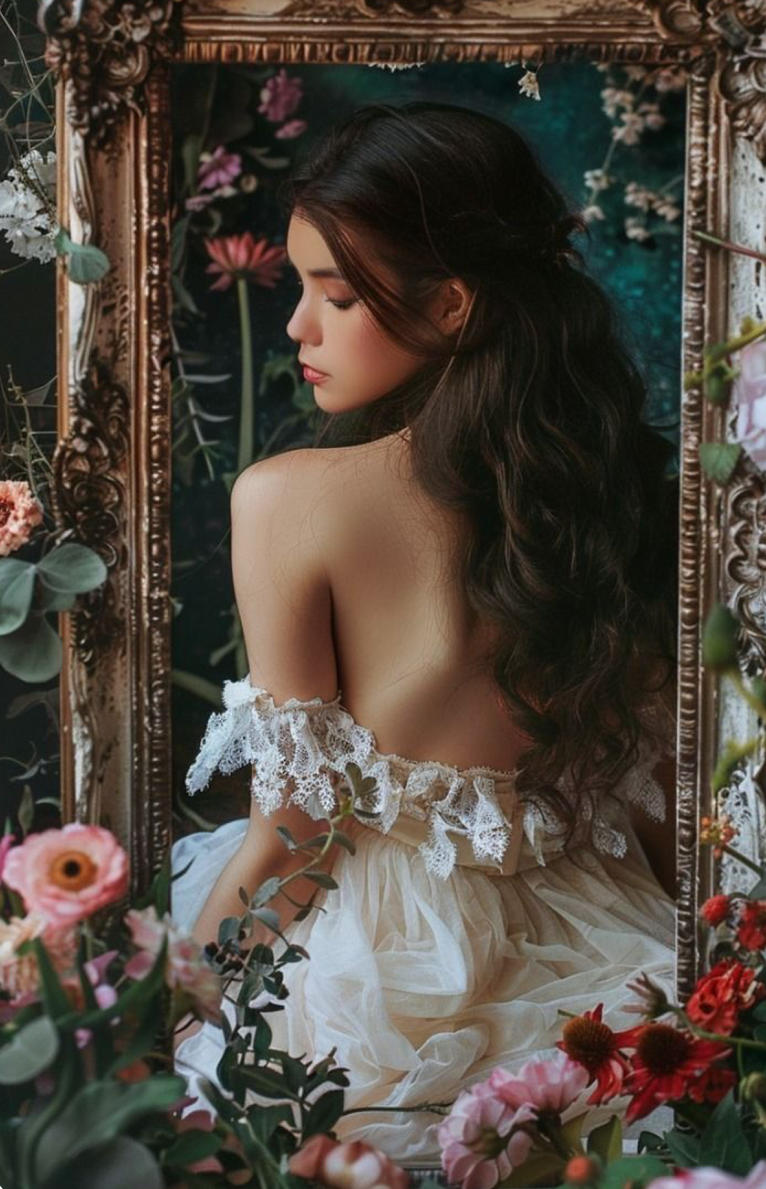 Young woman in off-shoulder lace dress posed against ornate gold mirror surrounded by colorful blooms.