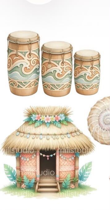 Watercolor clipart of Polynesian drums, thatched hut, and seashell for Moana party decorations.
