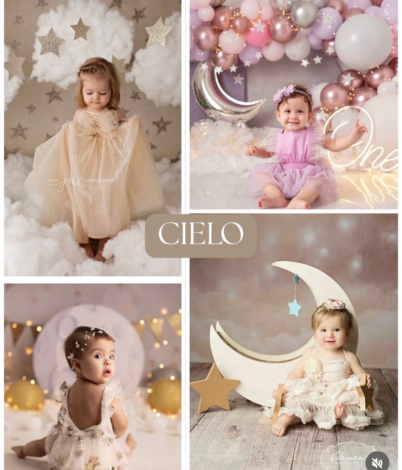 Dreamy baby photo collage with pink and white balloons, stars, moons, and clouds in a celestial nursery theme setup.
