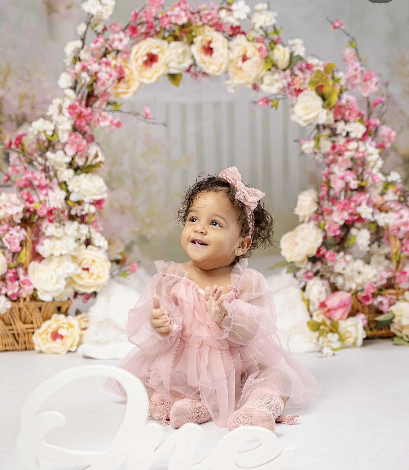 Smiling baby girl in pink tulle dress sits before floral arch with roses for first birthday photo session.