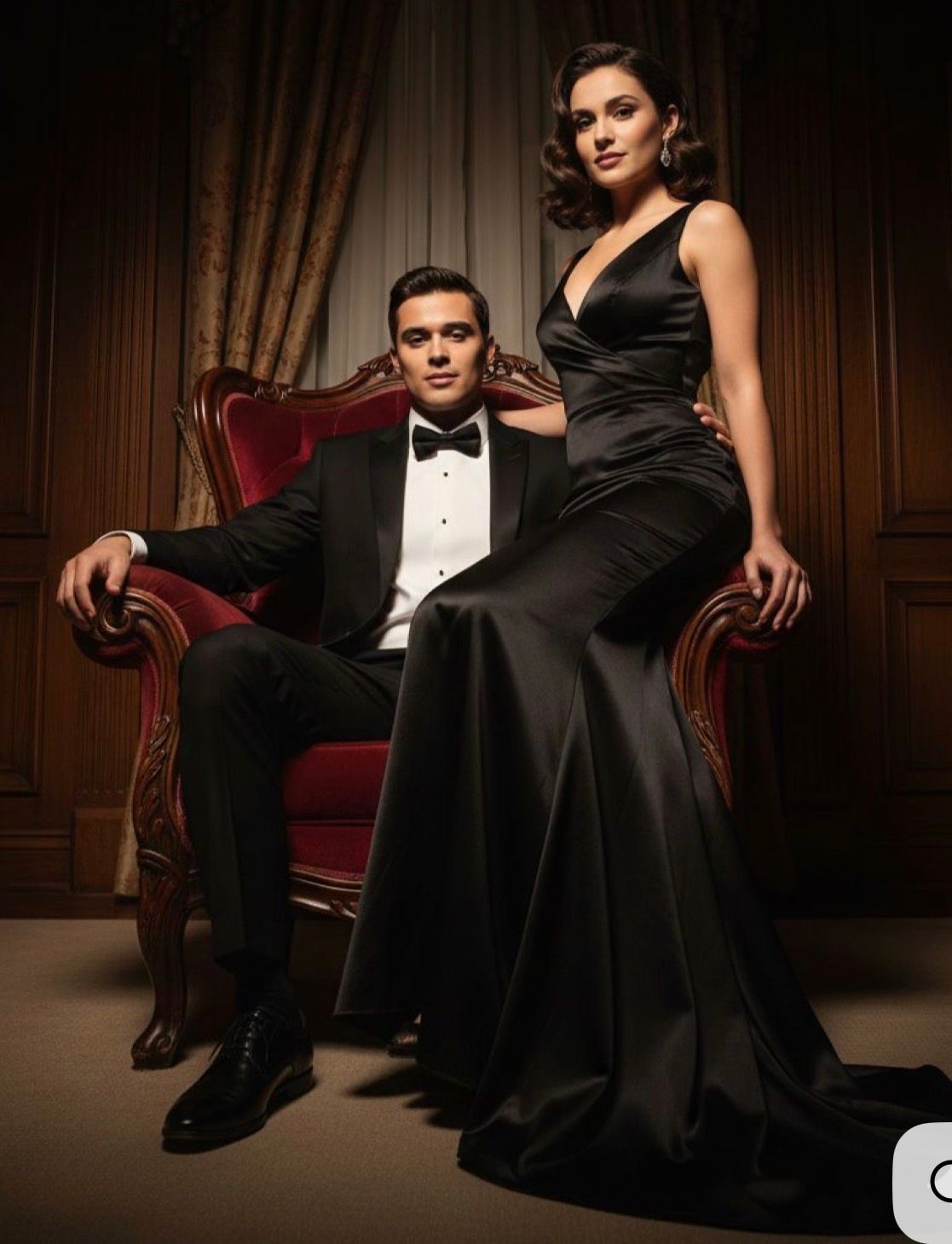 Elegant couple in black formal attire posing in a luxurious room, man in tuxedo seated, woman in gown standing beside him.