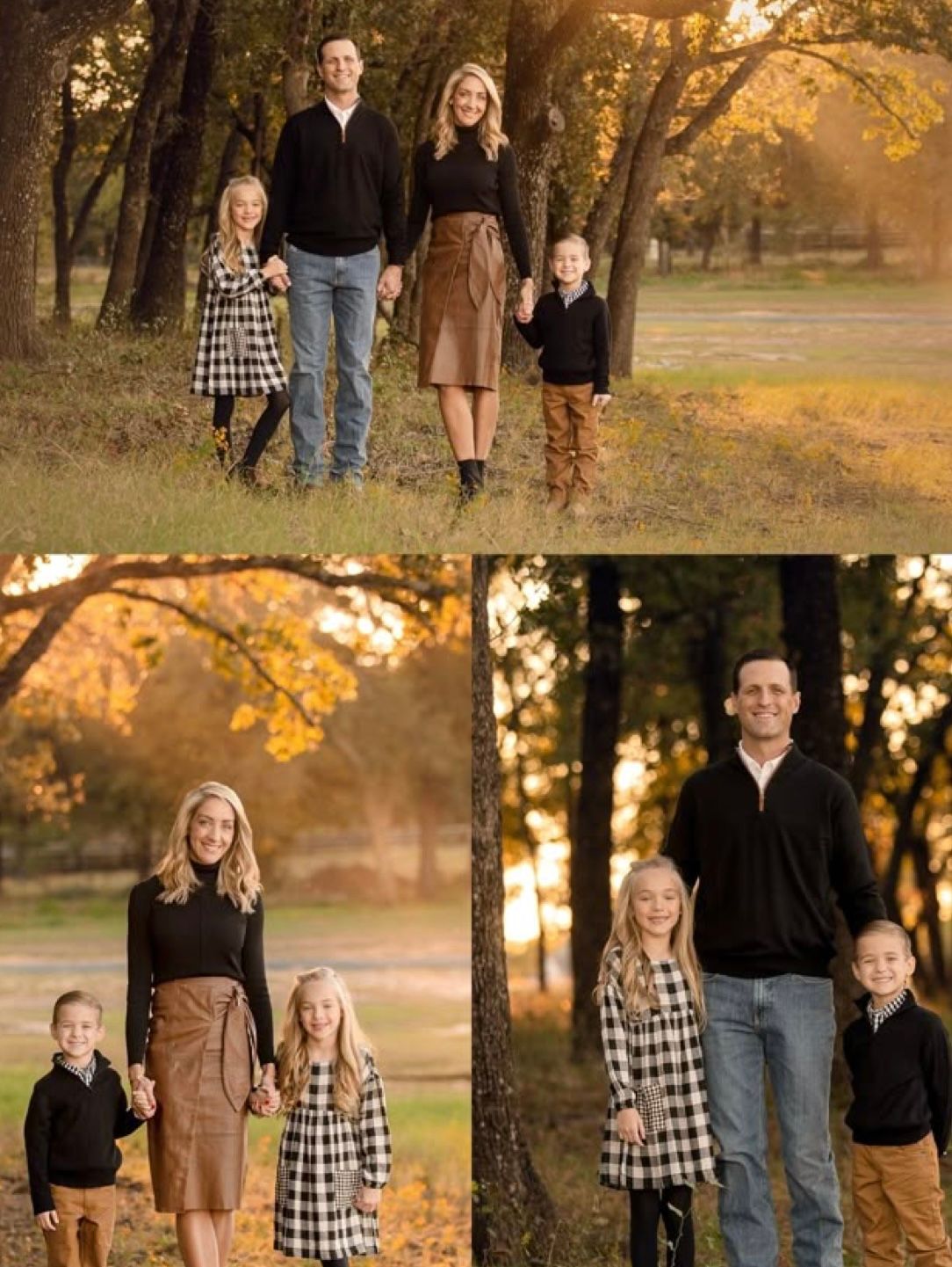 Family portrait session at sunset in a park with autumn trees and golden evening light.