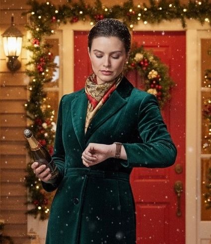 A person in an emerald green velvet coat checks their watch while holding a wine bottle against a festive Christmas backdrop.
