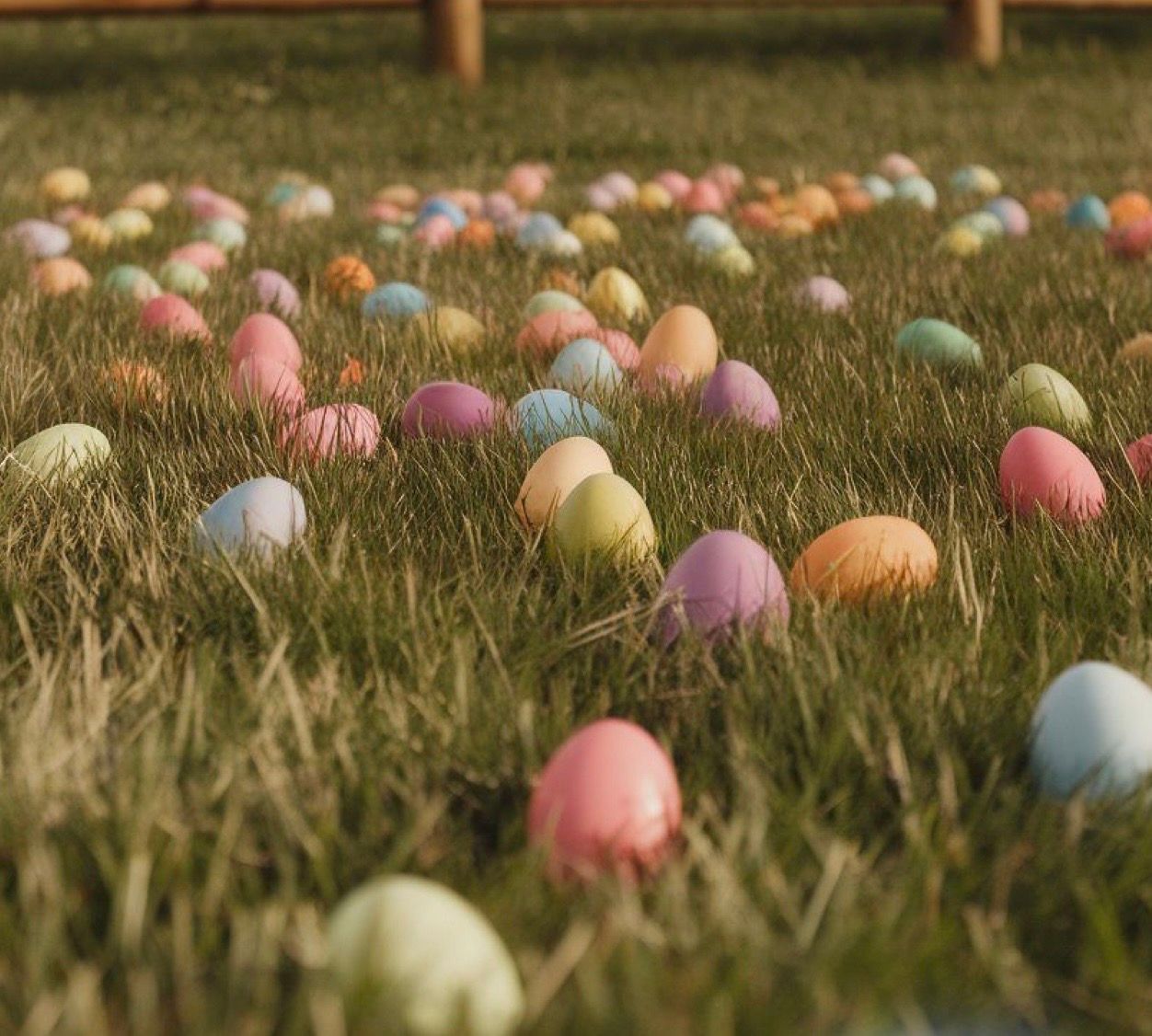 Colorful Easter eggs scattered across a grassy lawn in soft focus creating a dreamy spring scene.