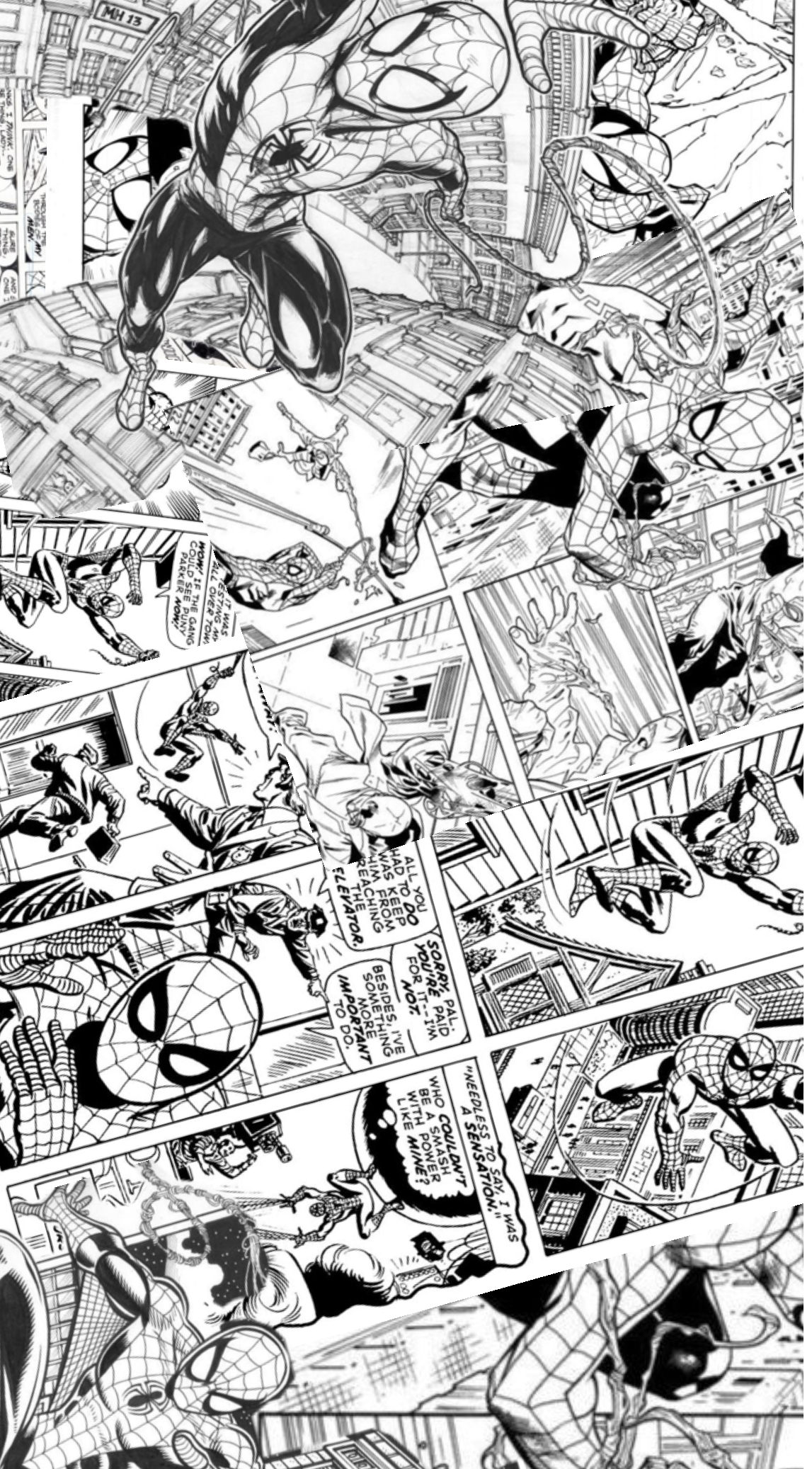 Black and white Spider-Man comic book panels collage featuring dynamic action scenes of the web-slinger swinging through a city.