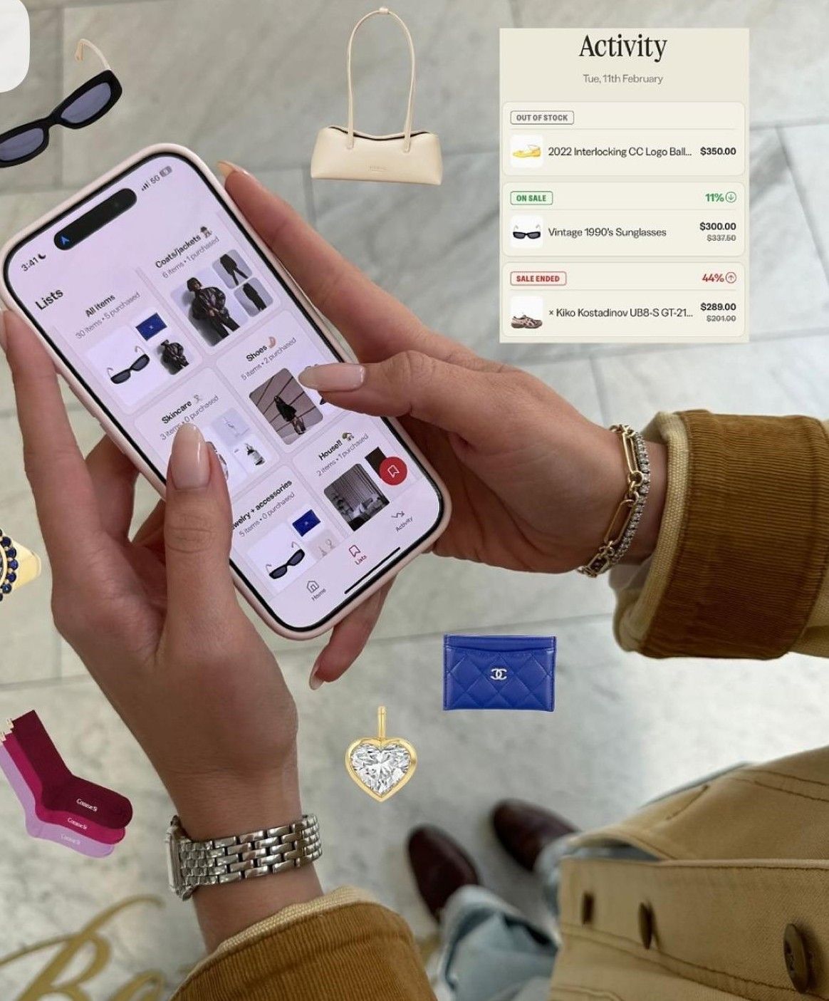 Person browsing luxury fashion items on a resale app, with Chanel bag and accessories visible nearby.