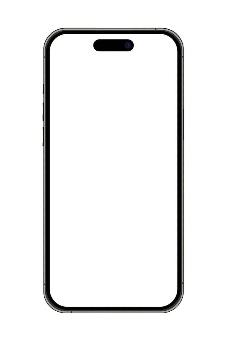 Black iPhone 14 Pro with blank white screen mockup isolated on white background, front view.