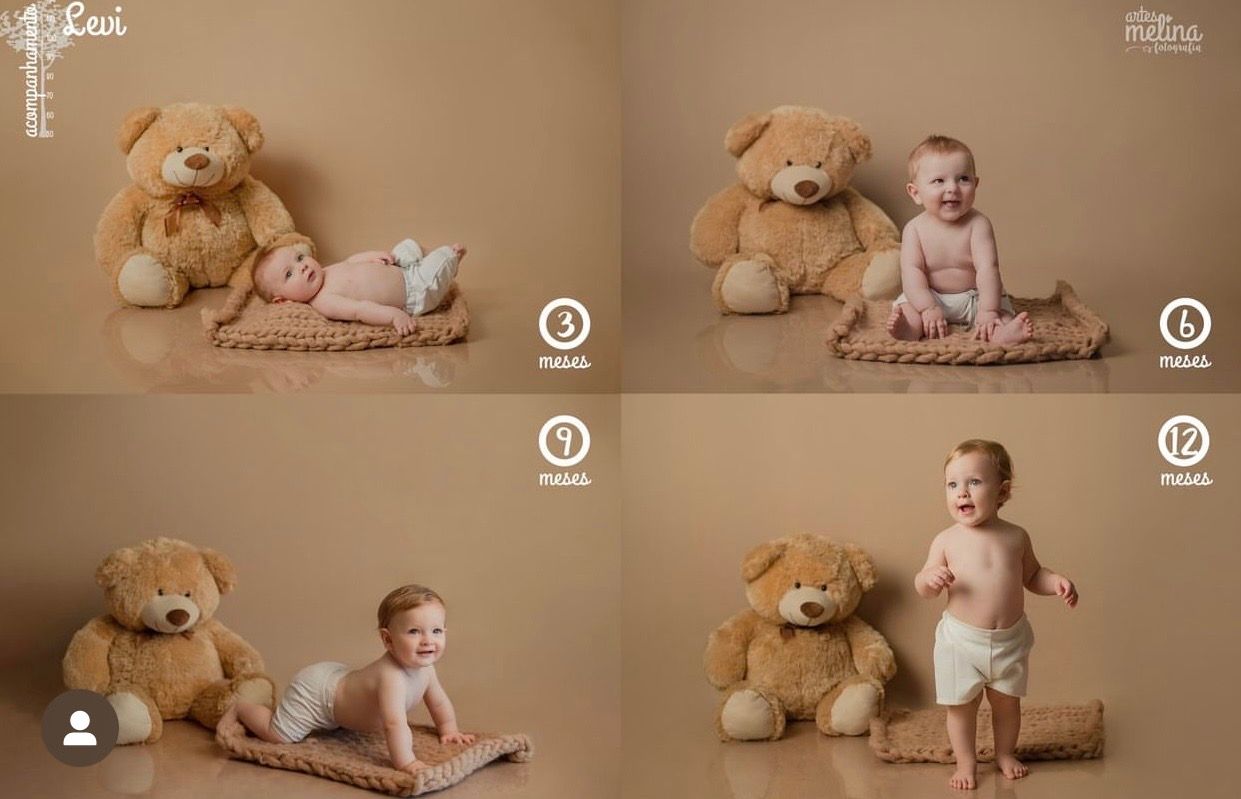 Four-panel collage of baby milestones at 3, 6, 9, and 12 months posed with a large teddy bear on a tan background.