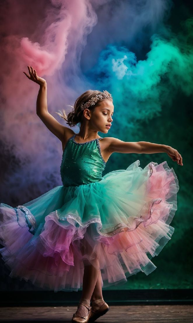 Young dancer in turquoise and pink tulle dress performs gracefully amid colorful smoke on dark stage.