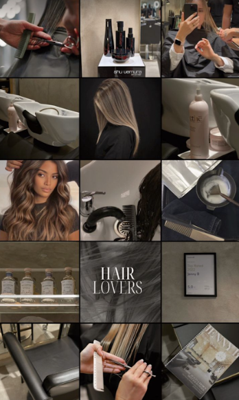 A collage of hair salon and beauty treatment photos showing styling tools, products and interior shots in moody gray tones.