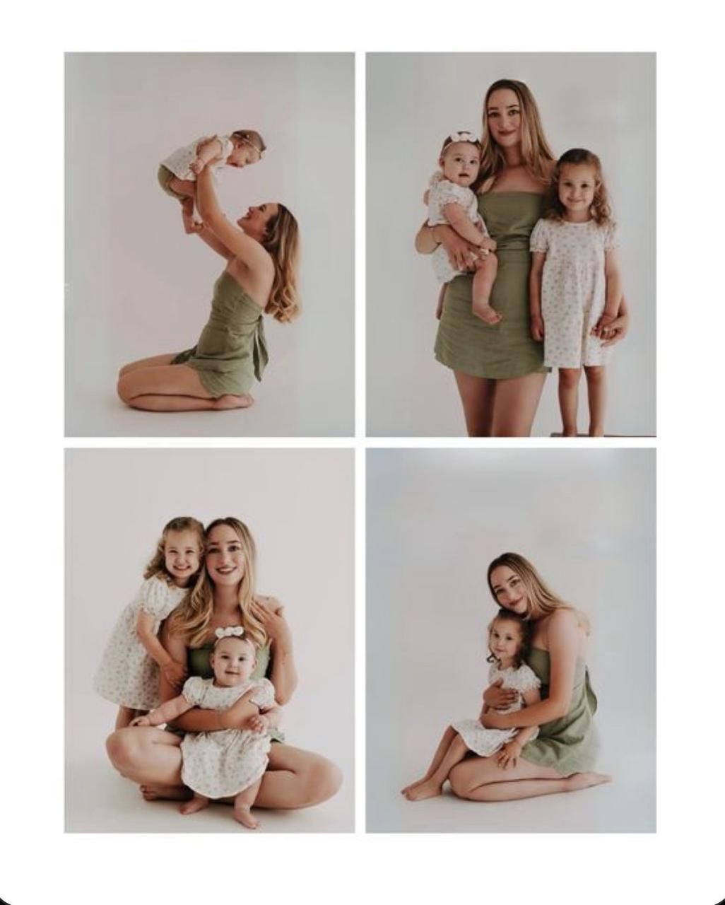 A collection of intimate family portrait photos showing tender moments between parent and child in soft, neutral tones.