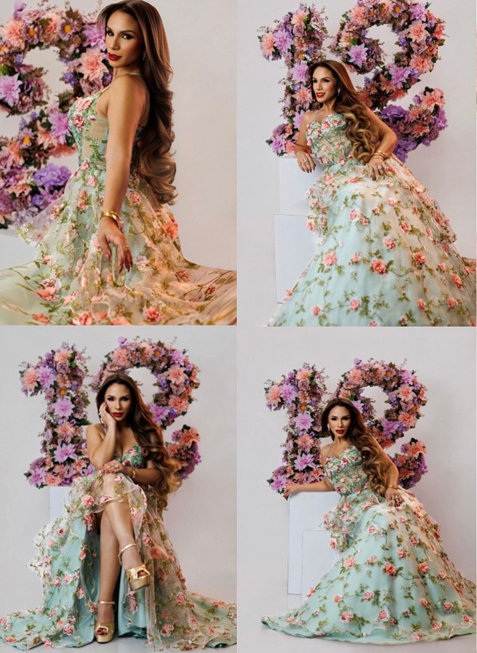 Woman in floral 3D applique mint green ball gown posing in four elegant poses before a colorful flower wall backdrop.