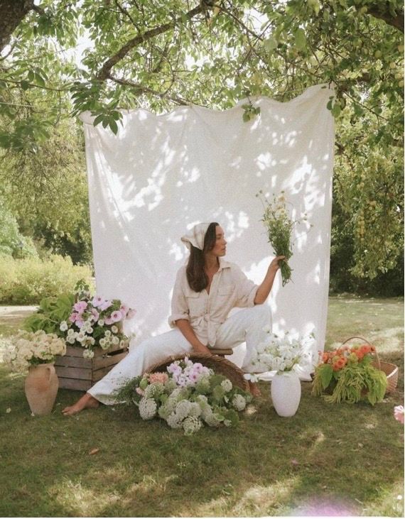 Woman in white outfit sitting among flowers with a white fabric backdrop in a lush garden setting.
