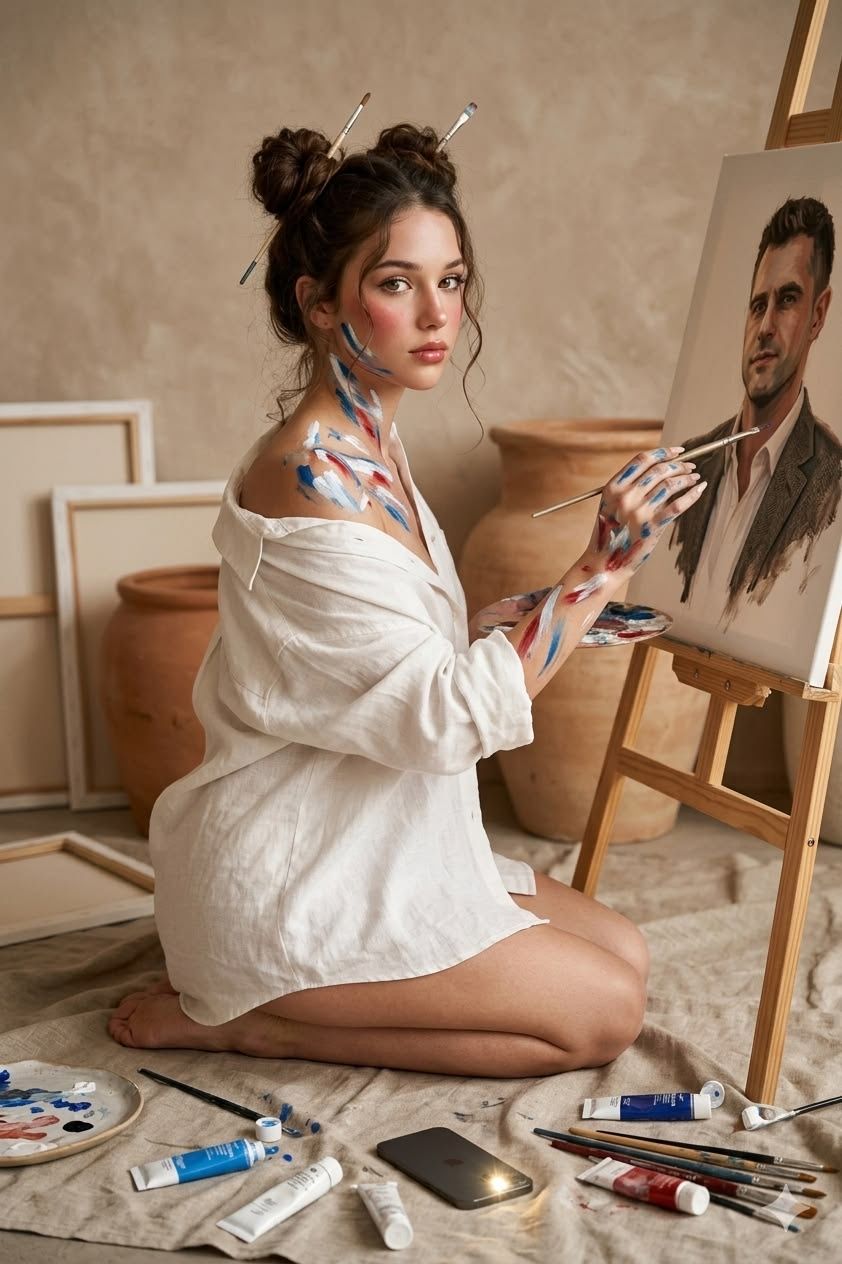 Young female artist sits cross-legged painting a portrait on canvas, with paint on her hands and face, surrounded by art supplies.