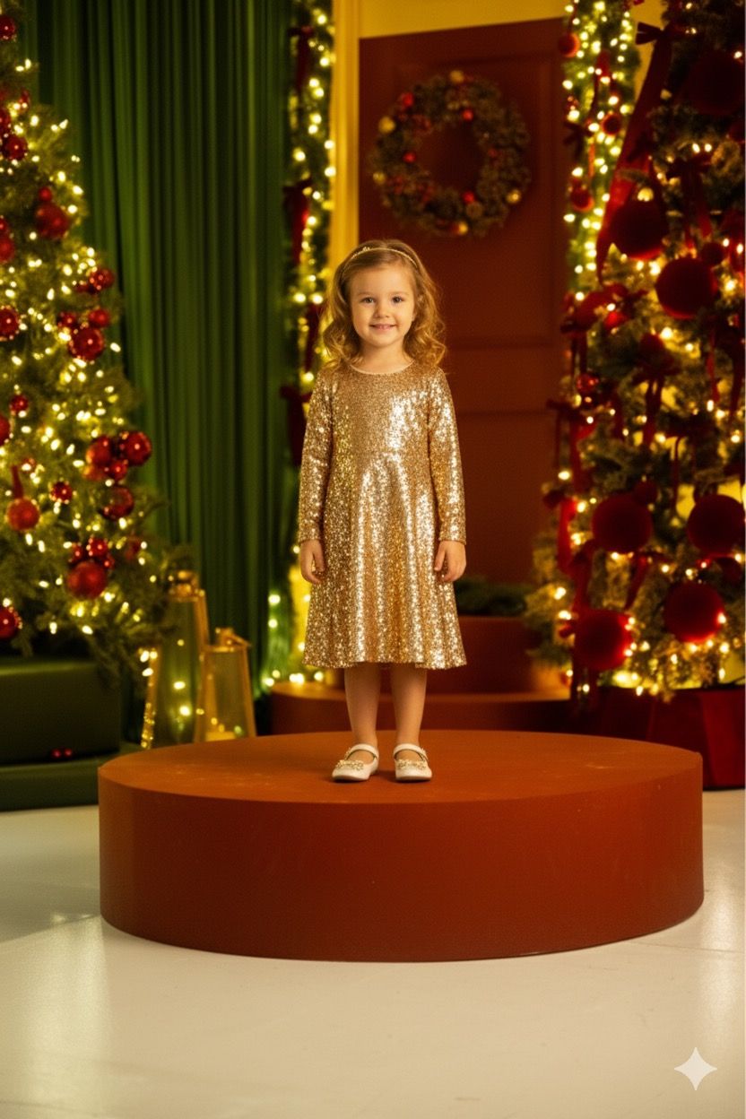 A child in a sparkly gold dress stands in front of decorated Christmas trees with twinkling lights in a studio setting.