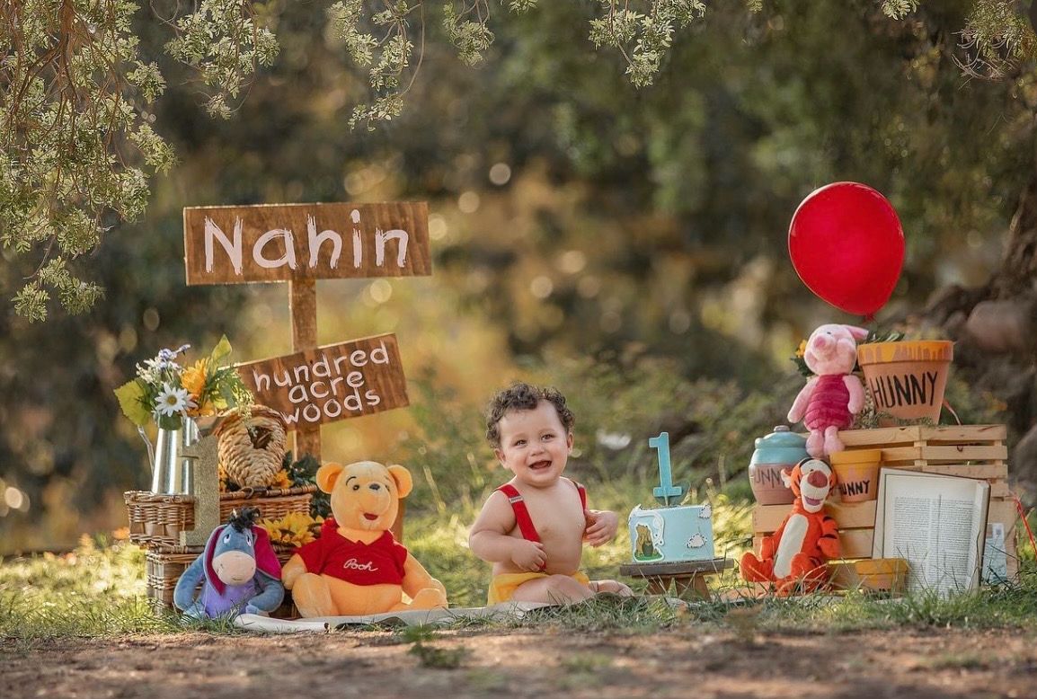 Baby's first birthday Winnie the Pooh themed photo shoot in Hundred Acre Woods with stuffed animals and red balloon.