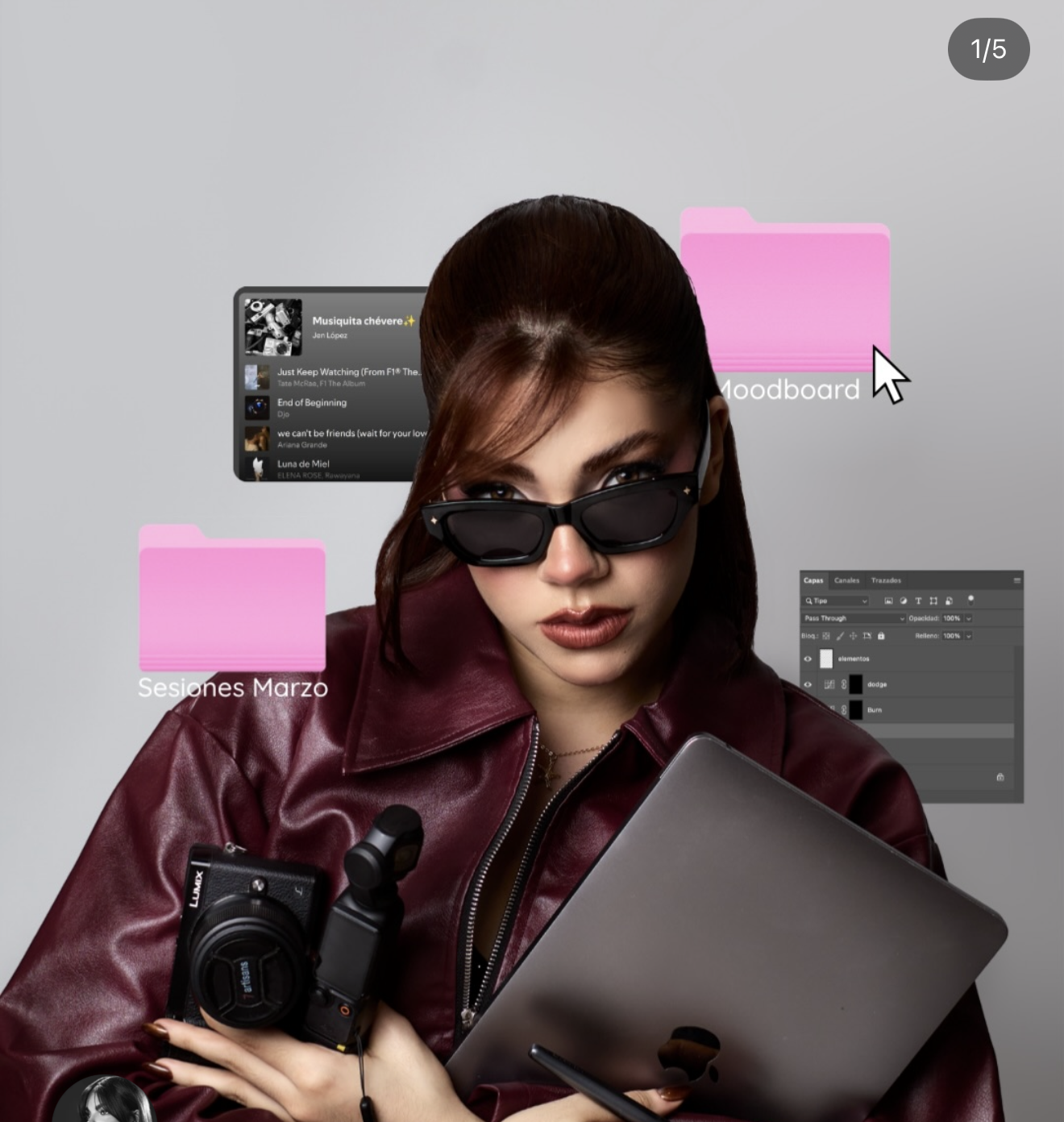 Stylish woman in sunglasses holding a camera and laptop with pink folders and Photoshop UI overlays.