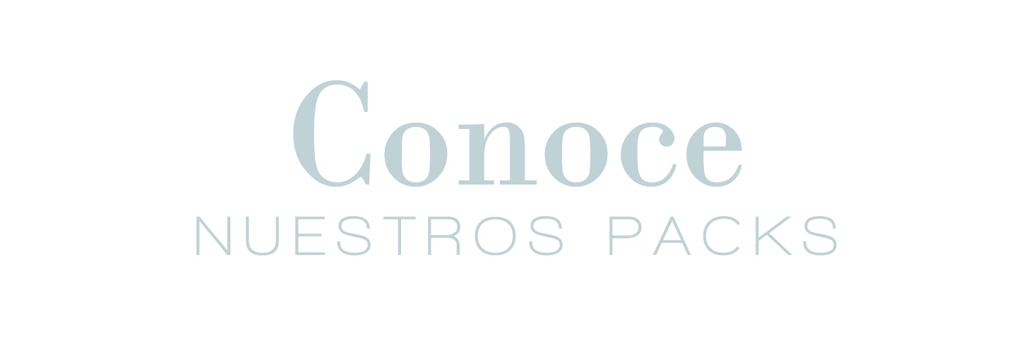 Elegant text design reading Conoce Nuestros Packs in soft blue tones on white background.