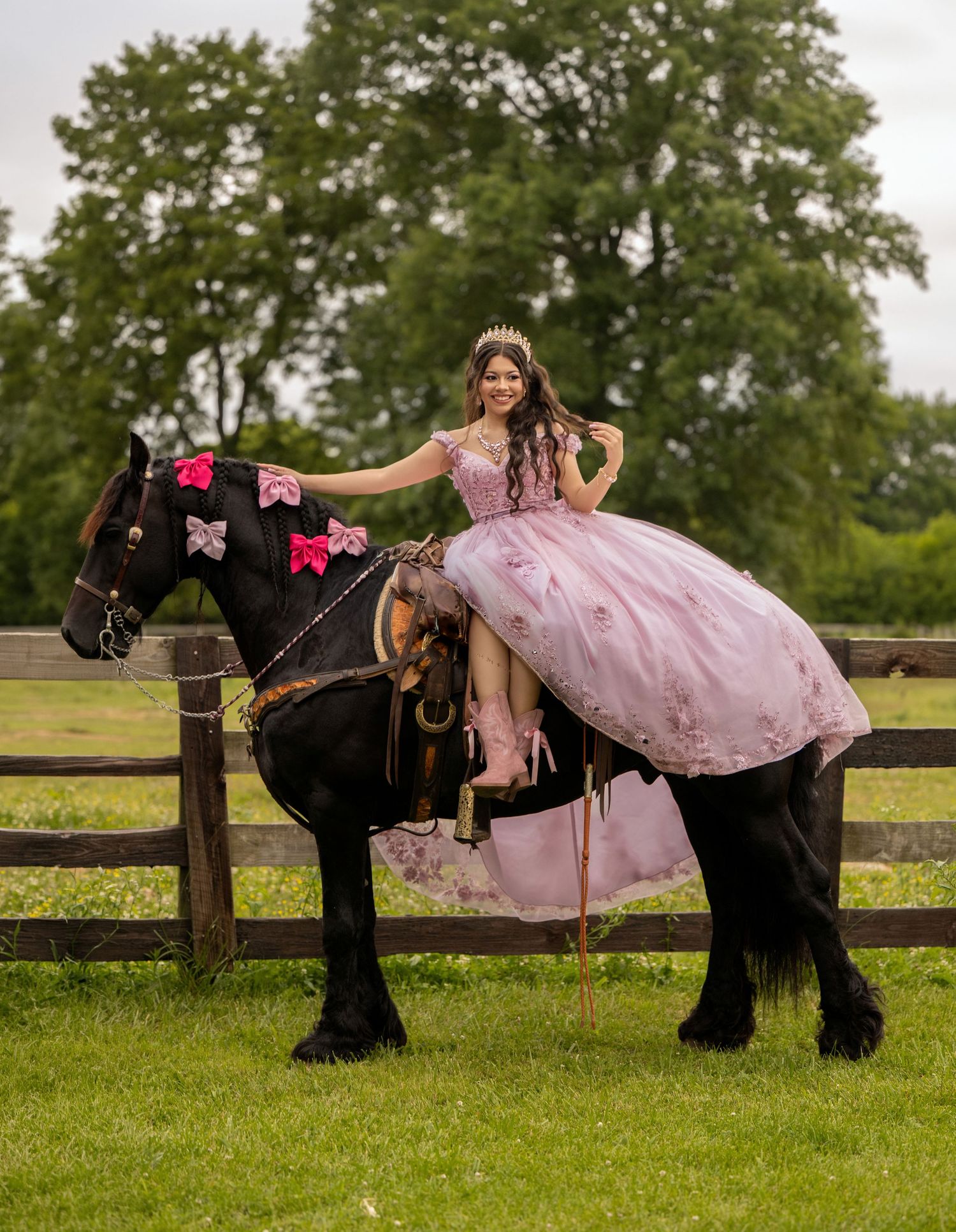 Young woman in pink quinceañera gown and tiara poses elegantly on a black horse decorated with pink bows on a green lawn.