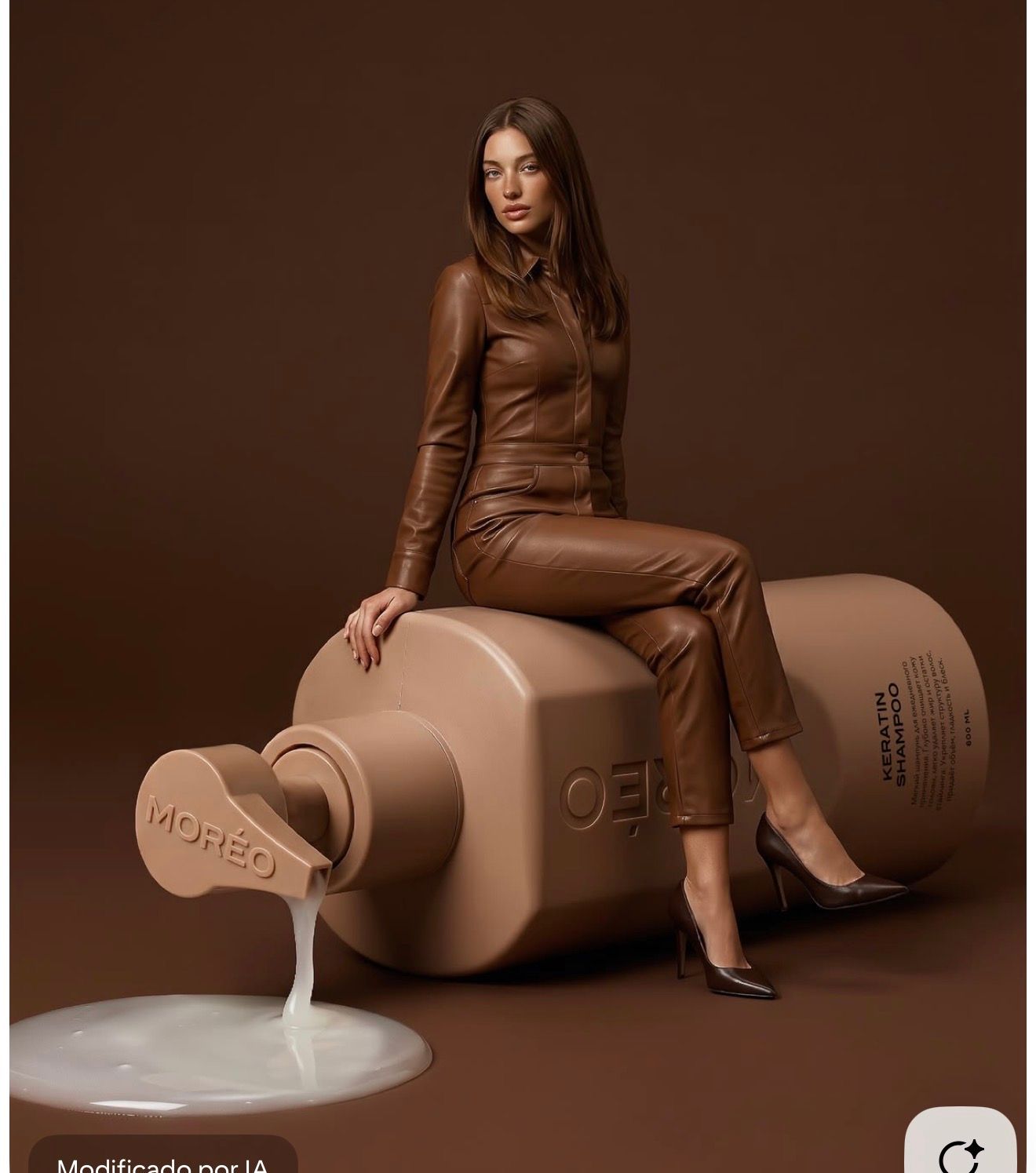 Woman in brown leather outfit sitting on giant Oreo cream bottle with milk spilling out against brown background.
