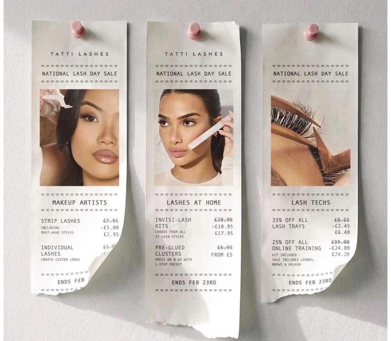 Tatti Lashes National Lash Day Sale promotional receipt-style flyer featuring makeup artists, at-home lash kits, and lash tech discounts.